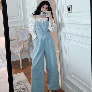 Off-shoulder Ruffle Top / Wide-leg Denim Jumper Pants
