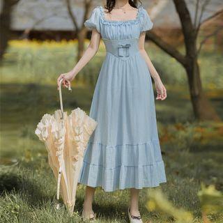 Short-sleeve Square-neck Bow Midi A-line Dress