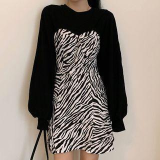 Puff-sleeve Zebra Print A-line Dress Black & White - One Size