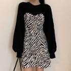 Puff-sleeve Zebra Print A-line Dress Black & White - One Size