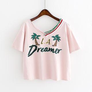 Printed V-neck Short Sleeve Cropped T-shirt