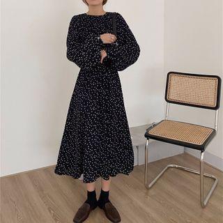 Dotted Long-sleeve Midi A-line Dress Dots - Black - One Size