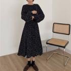 Dotted Long-sleeve Midi A-line Dress Dots - Black - One Size