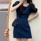 Short-sleeve Square Neck Denim Mini A-line Dress