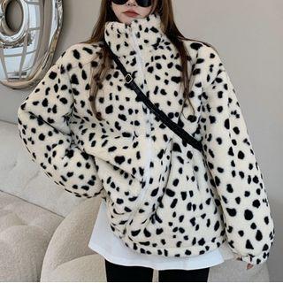 Leopard-print Stand-collar Furry Jacket Leopard - One Size
