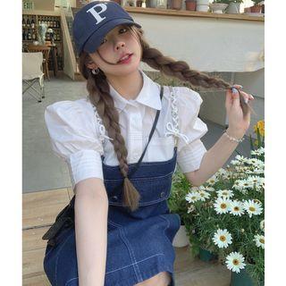 Short-sleeve Plain Blouse / Denim Overall Dress
