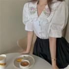 Short-sleeve Peter Pan Collar Flower Embroidered Lace Trim Blouse / Wide Plain Shorts