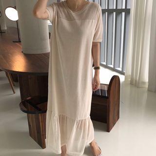 Short-sleeve Paneled Maxi Knit Dress Beige - One Size