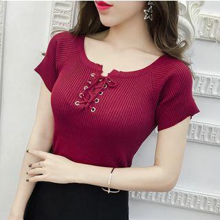Plain Short-sleeve Lace-up Knit Top