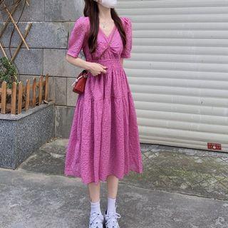 Short-sleeve V-neck Midi A-line Dress Rose Pink - One Size