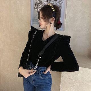 Long-sleeve Embellished Velvet Top Black - One Size