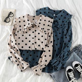 Polka Dot Peter-pan Collar Corduroy Long-sleeve Blouse