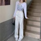 Tie-dyed Camisole Top / Distressed Wide Leg Jeans / Long-sleeve Crop Top
