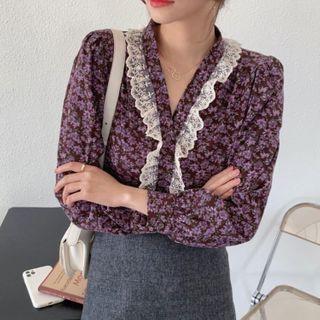 V-neck Lace Trim Floral Blouse
