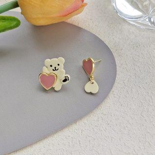 Bear Heart Asymmetrical Alloy Dangle Earring 1 Pair - Dangle Earring - Bear - White - One Size