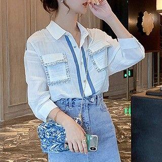 3/4-sleeve Tweed Trim Shirt