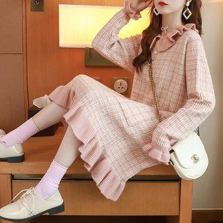Ruffled Faux Pearl Plaid Knit Dress