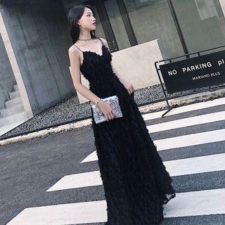 Spaghetti-strap Feather A-line Evening Gown