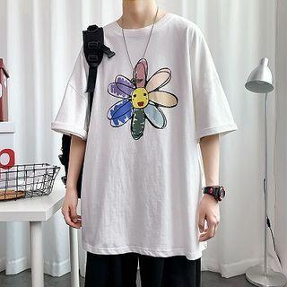 Cartoon Flower Print Short-sleeve T-shirt