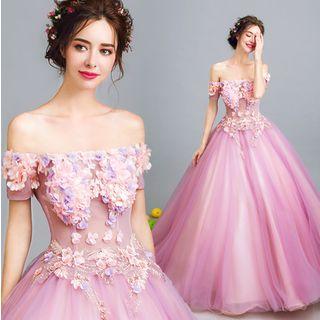 Short-sleeve Off Shoulder Floral A-line Evening Gown