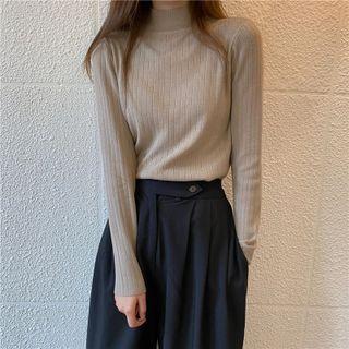 Long-sleeve Semi Turtleneck Plain Pinstripe Knit Top