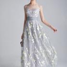 Sleeveless Floral Print A-line Mesh Evening Gown