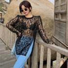 Sheer Lace Top / Slit-hem Straight-cut Pants