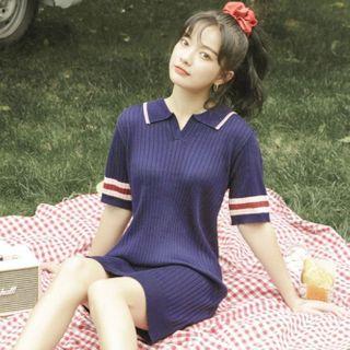 Short-sleeve Paneled Knit Dress Navy Blue - One Size
