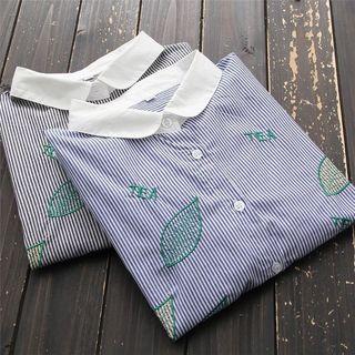 Leaf Embroidered Striped Short Sleeve Shirt
