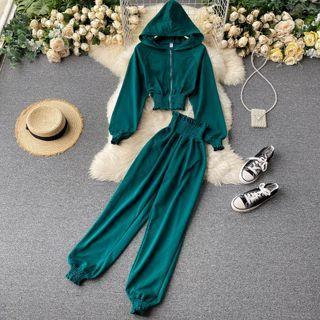Set Of 2 : Hooded Cropped Long-sleeve Jacket + High-waist Gathered Cuff Harem Pants