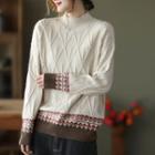 Patterned Panel Mock-neck Chunky Knit Sweater