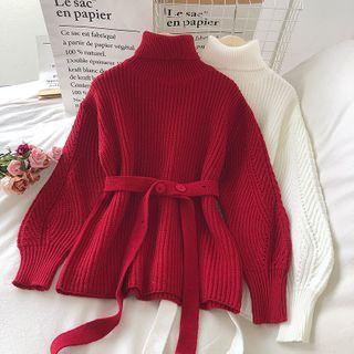 Turtleneck Belted Knit Sweater