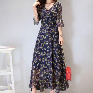 Floral Print Elbow Sleeve Maxi Chiffon Dress