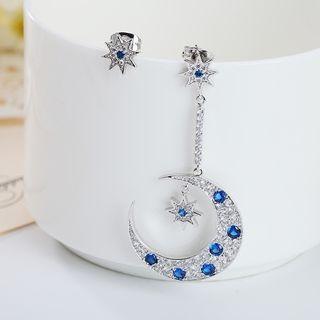 Non-matching Rhinestone Star And Moon Sterling Silver Earrings