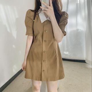 Short-sleeve Two-tone Button-up Dress