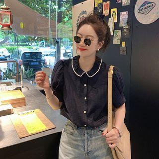 Color Block Flower Trim Collar Short-sleeve Blouse