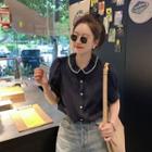Color Block Flower Trim Collar Short-sleeve Blouse