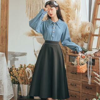Set: Polo-neck Corduroy Blouse + Midi A-line Skirt