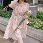 Short-sleeve Floral Print Dress Pink Floral - White - One Size