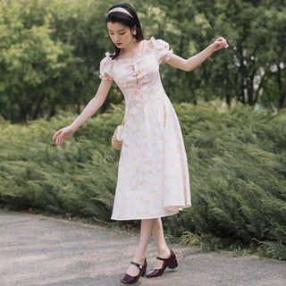 Flower Print Off-shoulder Lace-up Midi A-line Dress