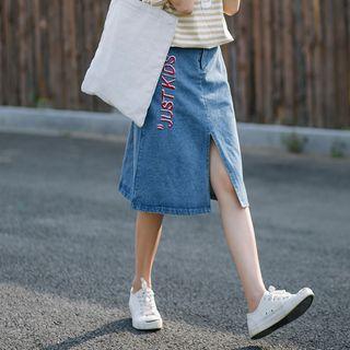 Lettering Slit Midi Denim Skirt