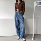 Adjustable-buttoned Wide-leg Jeans Blue - One Size