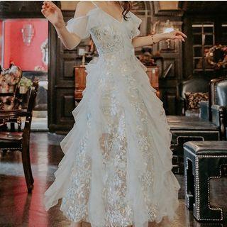 Cold-shoulder Floral Lace Midi A-line Mesh Dress