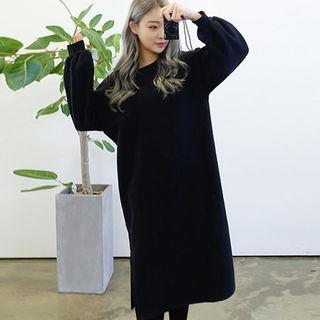 Lettering Brushed-fleece Lined Long Pullover Dress
