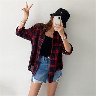 Elbow-sleeve Plaid Linen Shirt
