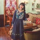 Puff-sleeve Pattern Embroidered A-line Dress