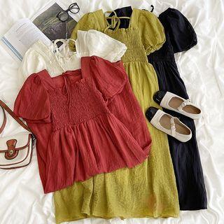 Puff-sleeve Plain Square-neck A-line Dress