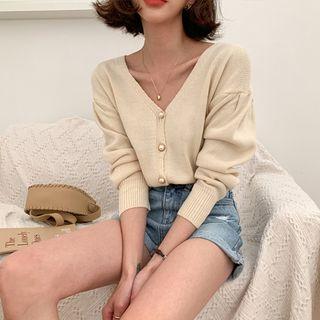 Puff-shoulder Faux-pearl Cardigan