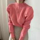 Mock Neck Puff-sleeve Knit Top Pink - One Size