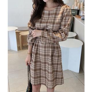 Pintuck-waist Plaid Dress With Belt